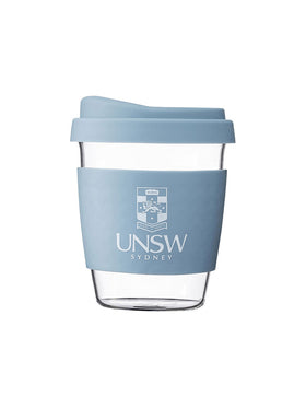 Glass SOL coffee cup with a coloured lid and silicon grip available in eight colours, UNSW logo on the grip - Blue Stone