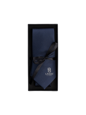 UNSW Silk Tie in solid navy with a white logo - navy