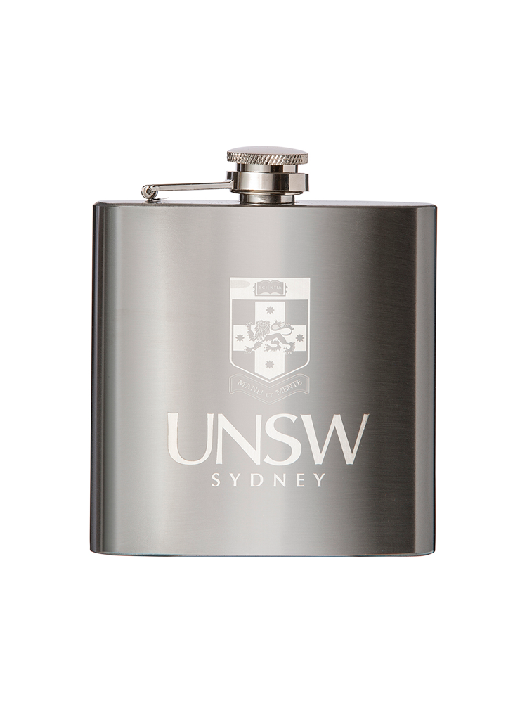 UNSW Stainless Steel hip flask with etched UNSW crest