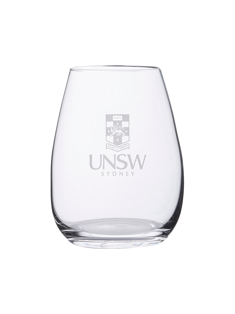 Stemless wine glass with UNSW engraved crest