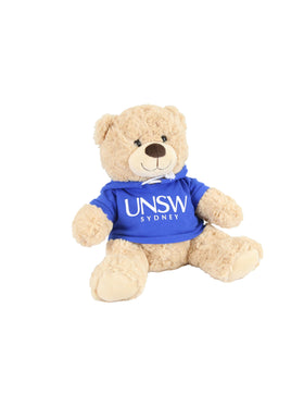 A plush bear wearing a hoodie with a UNSW logo  - bright blue