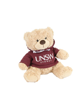 A plush bear wearing a hoodie with a UNSW logo  - maroon
