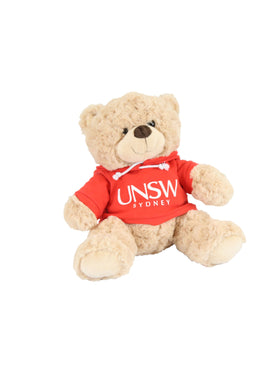 A plush bear wearing a hoodie with a UNSW logo  - red