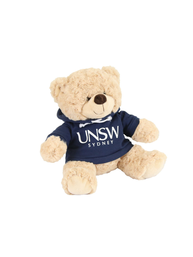 A plush bear wearing a hoodie with a UNSW logo - royal blue