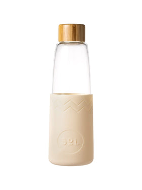 Glass SOL bottle with a bamboo lid and coloured silicon sleeve with the UNSW logo - coastal cream colour