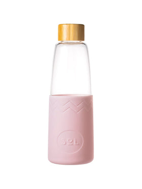 Glass SOL bottle with a bamboo lid and coloured silicon sleeve with the UNSW logo - perfectly pink colour