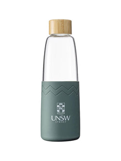 Glass SOL bottle with a bamboo lid and coloured silicon sleeve with the UNSW logo - deep sea green