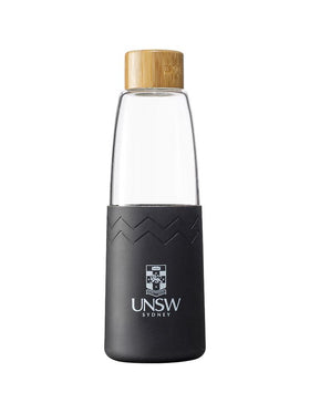 Glass SOL bottle with a bamboo lid and coloured silicon sleeve with the UNSW logo - basalt black colour