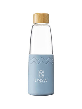 Glass SOL bottle with a bamboo lid and coloured silicon sleeve with the UNSW logo - blue stone colour