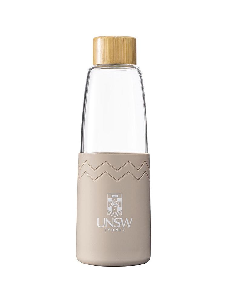 Glass SOL bottle with a bamboo lid and coloured silicon sleeve with the UNSW logo - sea side slate colour