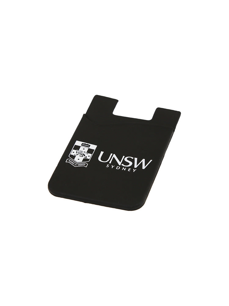 Black smart phone wallet with the UNSW logo in white