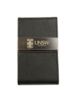 Faux leather business card holder with the UNSW logo on a brushed steel plate - front view