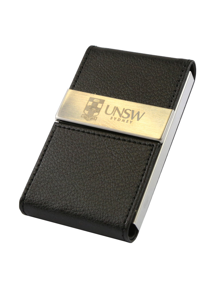Faux leather business card holder with the UNSW logo on a brushed steel plate - side view