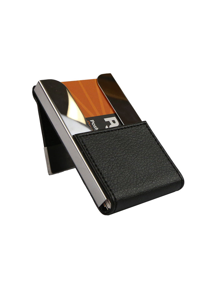 Faux leather business card holder with the UNSW logo on a brushed steel plate - open view