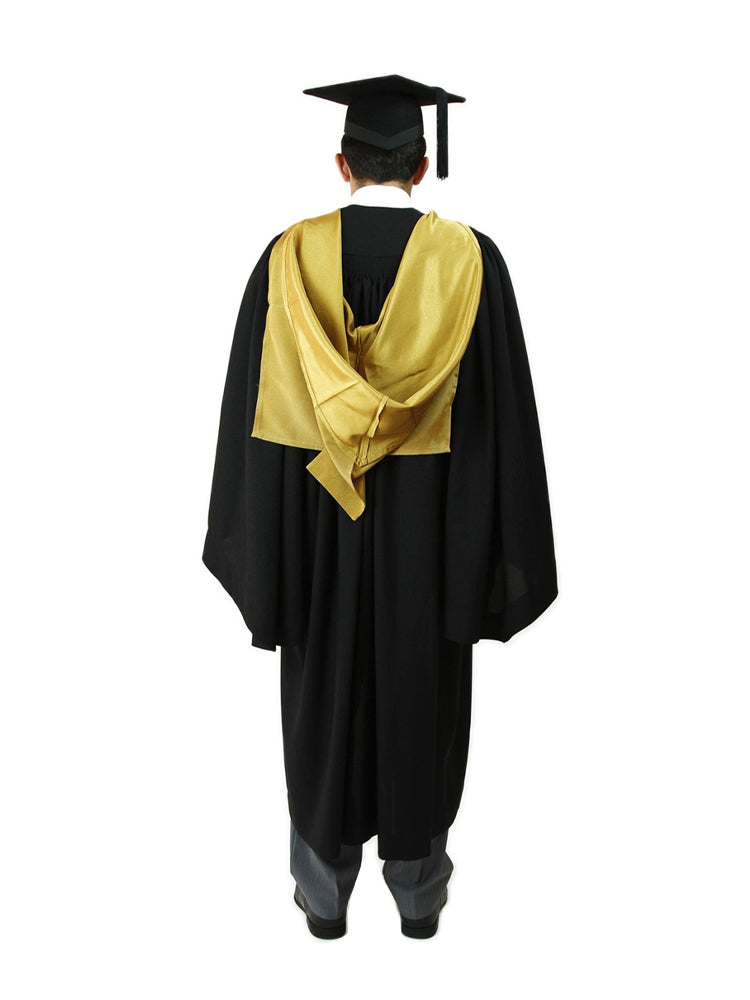 A full-shaped gold cape that covers the shoulders, and a cowl with a liripipe tail