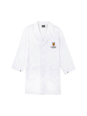 White lab coat with the UNSW colour logo emroidered on the breast