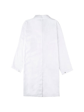 White lab coat with the UNSW colour logo emroidered on the breast - back view