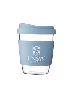 Glass SOL coffee cup with a coloured lid and silicon grip available in eight colours, UNSW logo on the grip - Blue Stone