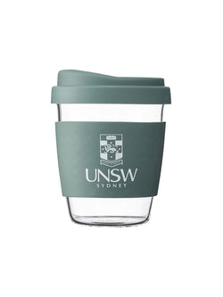 Glass SOL coffee cup with a coloured lid and silicon grip available in eight colours, UNSW logo on the grip - Deep Sea Green
