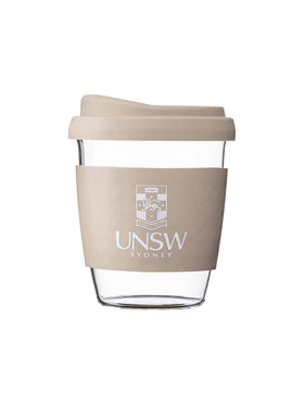 Glass SOL coffee cup with a coloured lid and silicon grip available in eight colours, UNSW logo on the grip - Sea Side Slate
