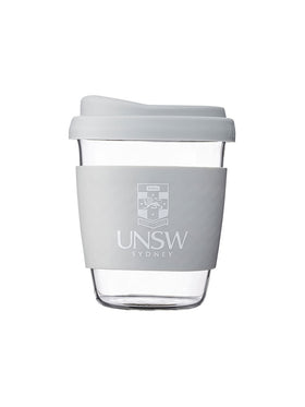 Glass SOL coffee cup with a coloured lid and silicon grip available in eight colours, UNSW logo on the grip - Cool Grey