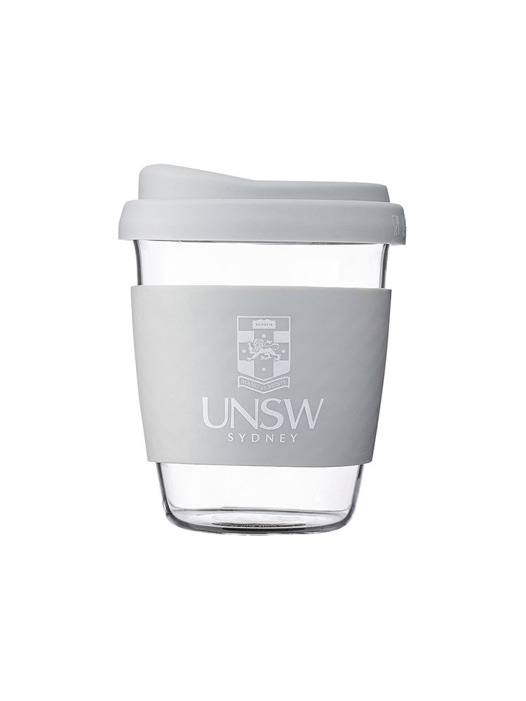 Glass SOL coffee cup with a coloured lid and silicon grip available in eight colours, UNSW logo on the grip - Cool Grey