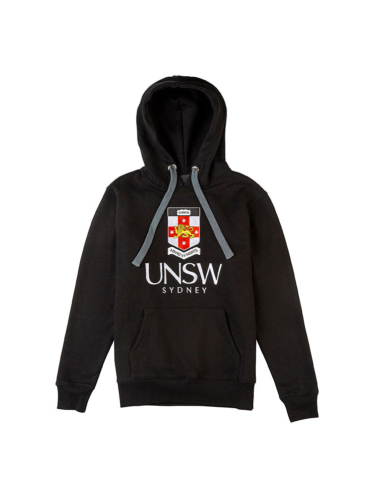 Black hoodie with a large embroidered UNSW colour logo on the chest and grey drawstrings - front view