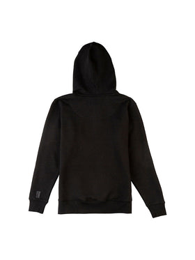 Black hoodie with a large embroidered UNSW colour logo on the chest and grey drawstrings - back view