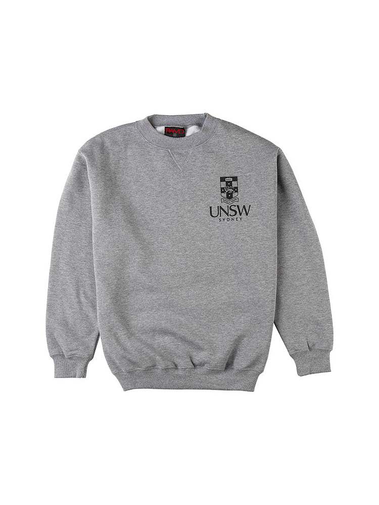 Grey Essentials Crew Neck with a white UNSW logo on the breast 